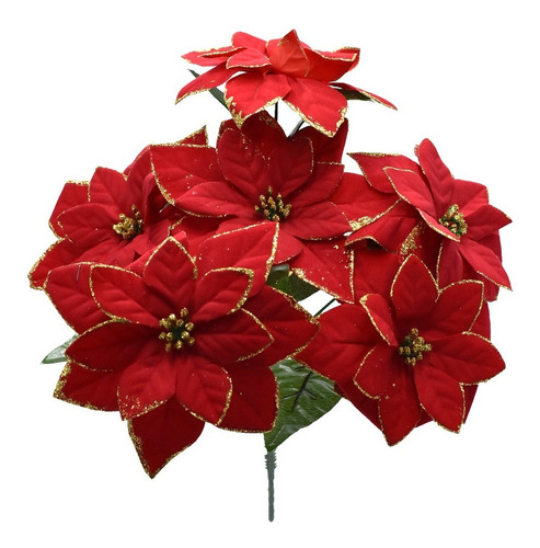 Ramo Nochebuena Roja Y Dorado Con 6 Flores 35 Cm Pack 12 Pz Color Rojo Dorado