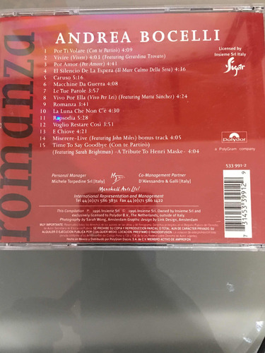 Cd Andrea Bocelli Romanza (Usado)