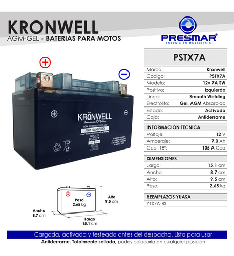 Imagen 2 de 10 de Bateria Moto Kronwell Keller Mx 260 Ytx7a-bs