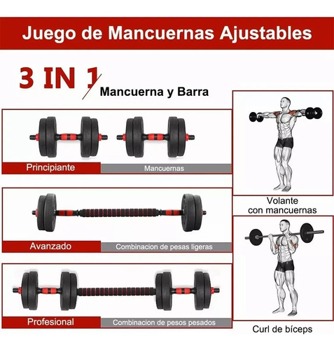 Mancuernas Pesas Y Barra Recta Ejercicio Kit Ajustables 15kg Rojo