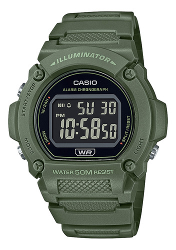 Reloj de pulsera Casio W-219HC-3BVDF de cuerpo color verde oscuro, digital, para mujer, fondo verde, con correa de resina color verde, dial negro, bisel color negro y hebilla simple