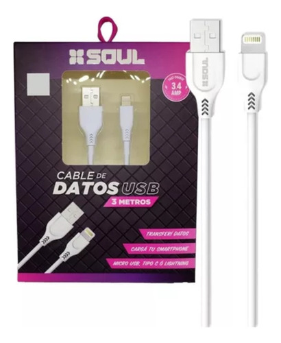 Cable Para Celular iPhone 3 Metros 3.4a Soul Carga Rápida