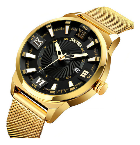Reloj Analógico Skmei Quartz Calendar Para Hombre Color De La Correa Dorado Color Del Fondo Negro