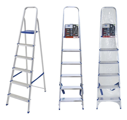 Escalera De Aluminio Tijera 6 Escalones Mor Plegable 5104 Base Antideslizante, Traba De Seguridad. Ultimo Escalon Como Plataforma Y Soporte De Aluminio Para Sujetarse