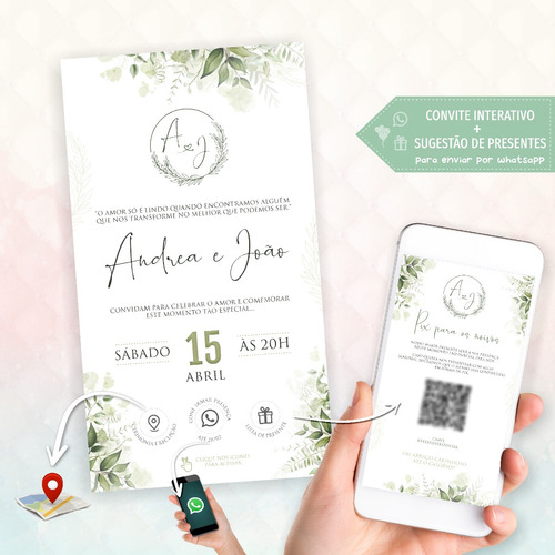Convite Casamento Floral Verde Interativo + Sugestão Mod 145