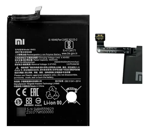Batteria Compatibile Audiosystem Per Xiaomi Redmi Note 9S (M2003J6A1G) | Sostituzione BN55 4000 MAh | Protezione Da Sovraccarico E Cortocircuito