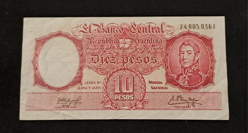 Bottero N 1969a Billete Argentina 10 Pesos Moneda Nacional. 