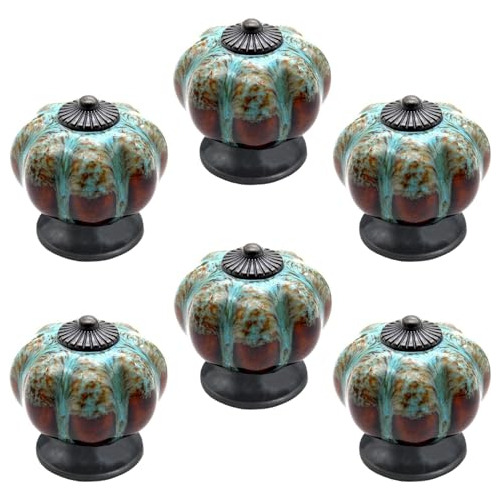 6pcs Blue Vintage Pumpkin Knobs Ceramic Drawer Pull Han...