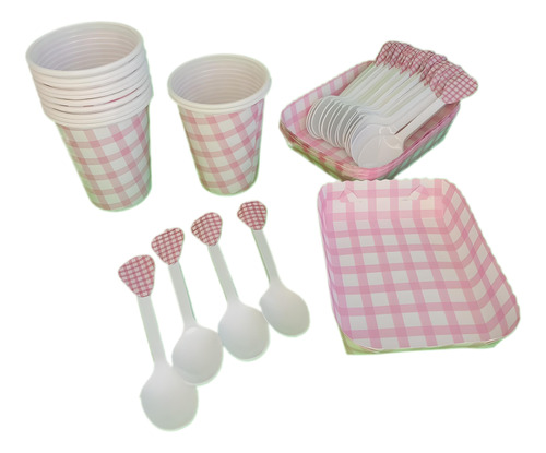 Kit  Picnic Rosado Vasos+cubertos+bandejas 36inv