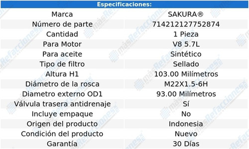 Filtro Aceite Sintético Dodge Ram 2500 V8 5.7l 09-12 Sakura