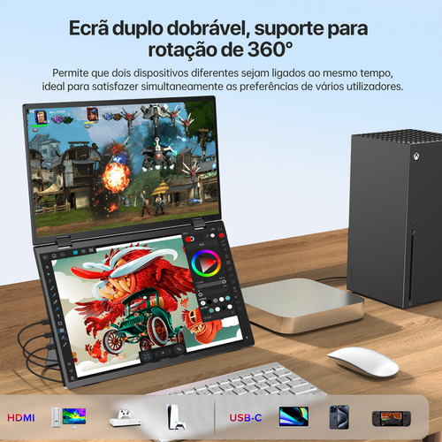 Monitor Duplo Portátil 15.6 Uperfect Tela Ips Full Hd 60hz 127/220v Pc Gamer Tela Ips Audio Estéreo Ultra Fino Full Hd 1920x1080 Hdmi Usb-c Tela Dupla Dobrável, Plug And Plwin Mac Phone Ps Xbox Switch