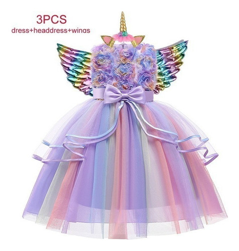 Vestido De Unicornio Arcoíris De Princesa Niña Fiesta Cumple