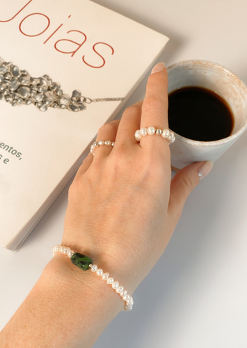 Pulseira Esmeralda Prata 925 Com Pérolas De Água Doce