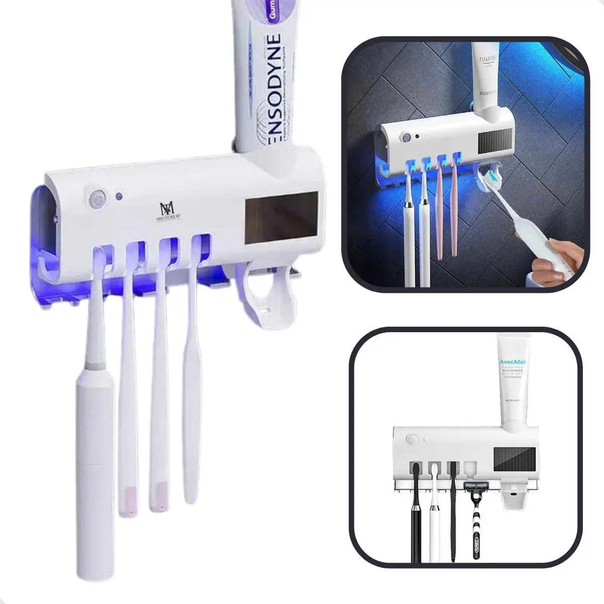 Suporte Para Escova de Dentes 3 em 1 Com Dispenser e Esterilizador UV Solar Para 4 Escovas