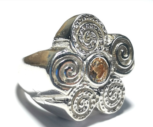 Anillo Sello Plata Mujer Diseño Flor Espiral Ámbar 13gr