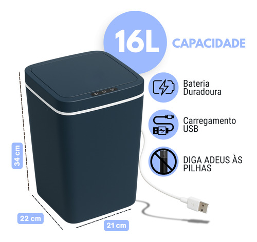 Lixeira Sensor Inteligente Automática Recarregavél Usb Cinza-escuro