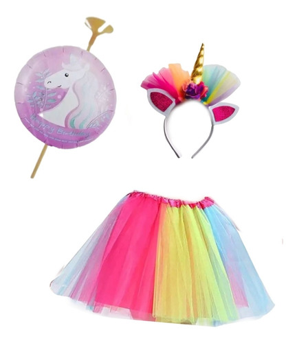 Disfraz  Niña Unicornio Tutu Multicolor Cintillo Y Globo