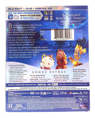 Imagen 2 de 2 de Disney La Bella Y La Bestia Edición Aniversario Bluray Dvd