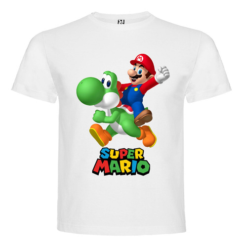 Polera Blanca Algodón 100% Niños Mario Bros Yoshi