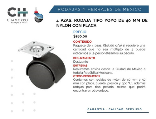 Rodaja Tipo Yoyo De 40 Mm Nylon Placa Paq. 4 Pzas