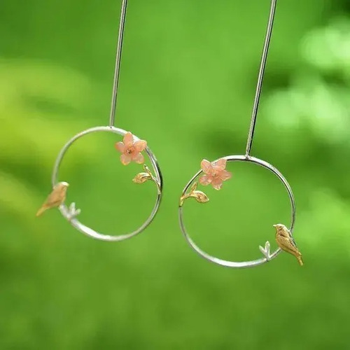 Imagen 4 de 6 de Aretes Mujer Plata .925 Flores Concha Pajarito Baño Oro 24k