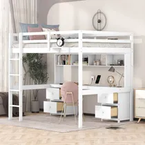 Comprar Cama Tipo Loft Matrimonial Con Escritorio Y Armarios Blancos