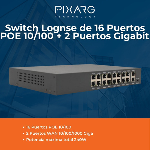 Imagen 2 de 9 de Switch 16 Puertos Poe 10/100 + 2 Puertos Gigabit Longse