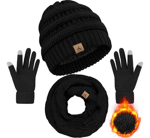 Invierno Gorro Bufanda Guantes, Cálido De Punto De Vell...