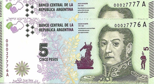 Lote 2 Billetes Argentina 5 Pesos (2015) Sin Circular 
