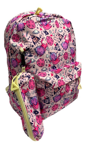 Mochila Rosa Gatos Y Naves Con Cartuchera De Regalo Escolar