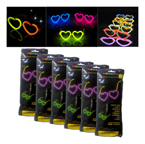 6 Lentes Neon Corazon Glow Luminoso Fluorescente Fiesta