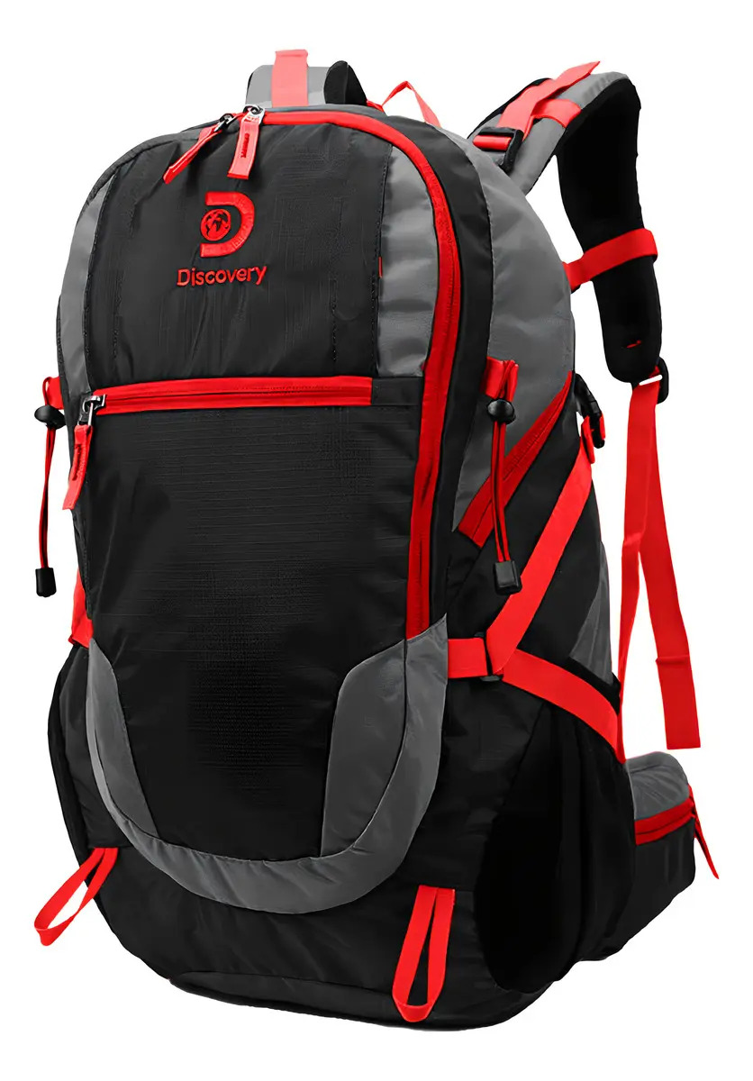 Mochila Discovery 55 Lts Camping Rigida Mochilero Trekking Color Rojo-Gris Diseño de la tela Liso