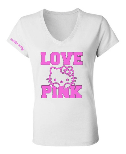 Remera Mujer Love Pink Kitty Escote V Spun Cute Aesthetic
