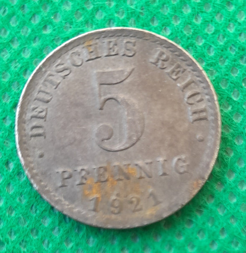 Moneda Alemana De 5 Pfennig, Año 1921, Excelente Estado. 