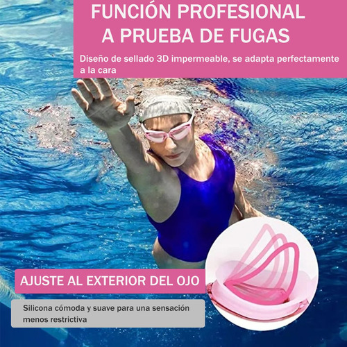 Set Natación 5pz, Gogles+gorra+clip Nariz+tapones+bolsa Rosa