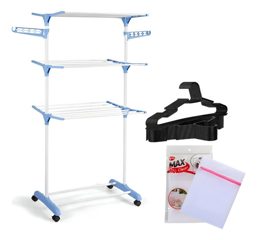 Kit Varal De Chão 3 Andares Azul Cabide Saco De Lavar Roupas Azul