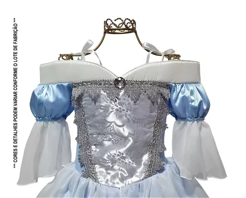 Fantasia Vestido Cinderela Infantil Luxo Com Coroa E Luvas