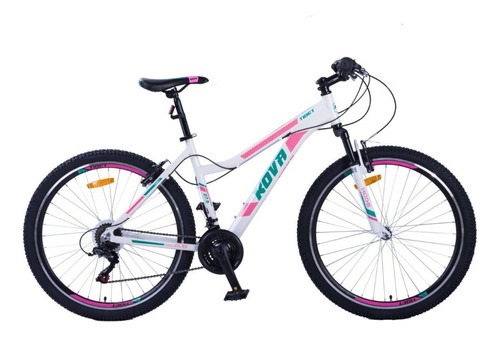 Mountain bike femenina Kova Tibet R27.5 S 21v frenos v-brakes cambios Shimano color blanco/rosa con pie de apoyo