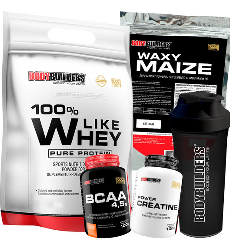 Kit Whey Protein 1,8kg + Waxy Maize + Bcaa + Creatina+  Copo Sabor Chocolate