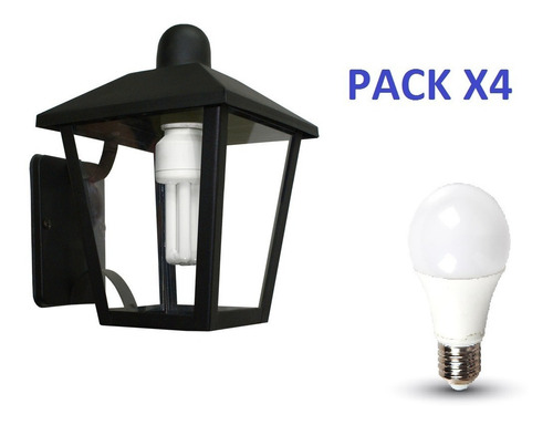 Pack X4 Farol Colonial 270mm + Lampara Led 9w Fria