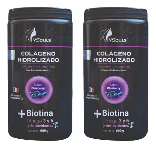Colágeno Mas Biotina Polvo 600grs Vsouls ® 2 Botes 600 Grs