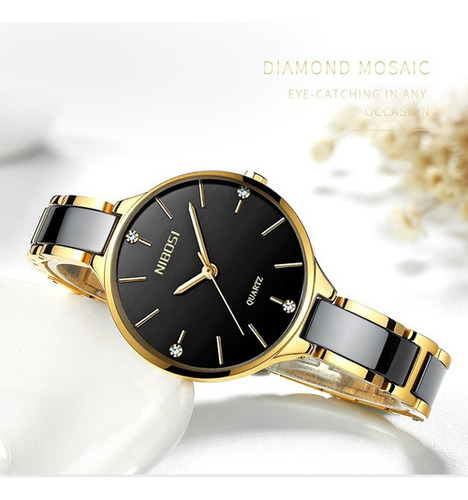 Nibosi Elegant Women Relógios De Quartzo De Cerâmica Cor Da Correia Ouro/preto