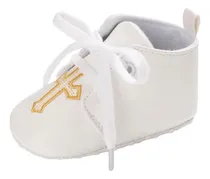 Comprar Zapato De Bebé Blanco Para Bautizo Cruz Borde Dorado Dorado