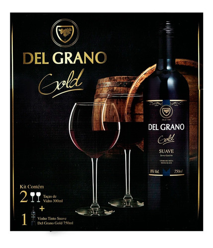 Kit 1 Vinho E 2 Tacas Tinto Suave Gold Del Grano Garrafa