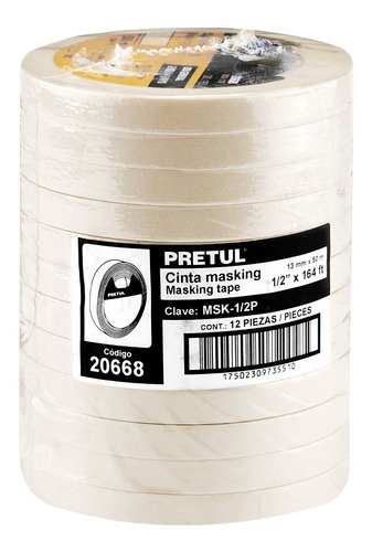 Paquete 12 Pz Cinta Masking Tape 1/2'' X 50 M Pretul 20668