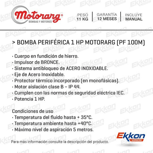 Imagen 2 de 6 de Bomba Periférica Motorarg 1hp Eleva Turbin Bronce Pf100 M