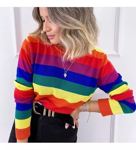 Blusa Feminina Inverno Colorida Listrada Tendencia Linda