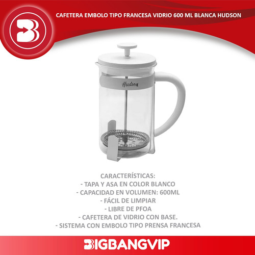 Cafetera Embolo 600 Ml Tipo Francesa Vidrio Blanca Hudson