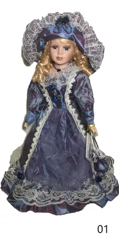 Boneca Antiga De Porcelana Com Roupa De Época Com Suporte