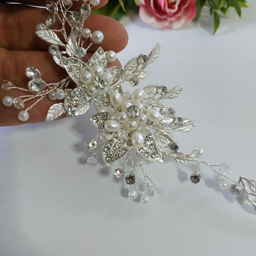 Tiara Tocado Novia Corona Perlas Flores Xv Boda Nupcial